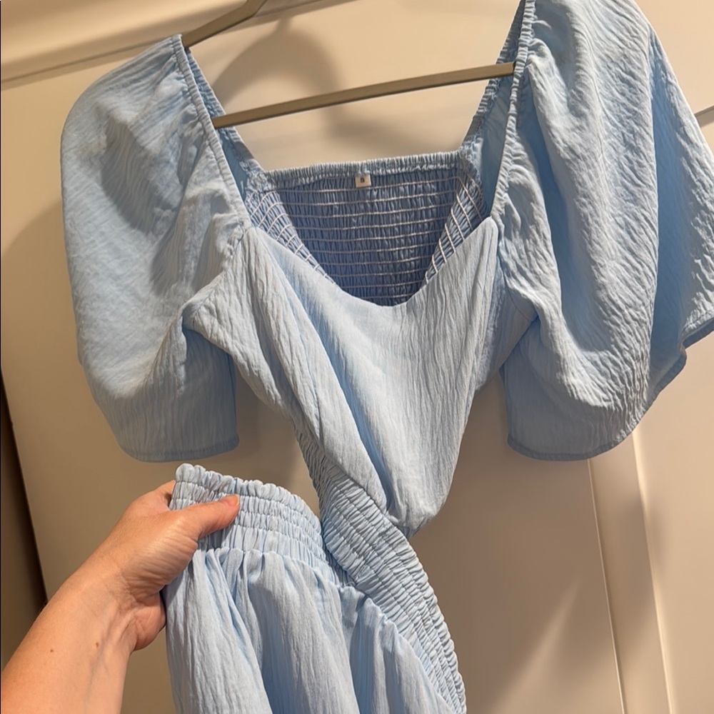 Light Blue Puff Sleeve Top and Skirt Set